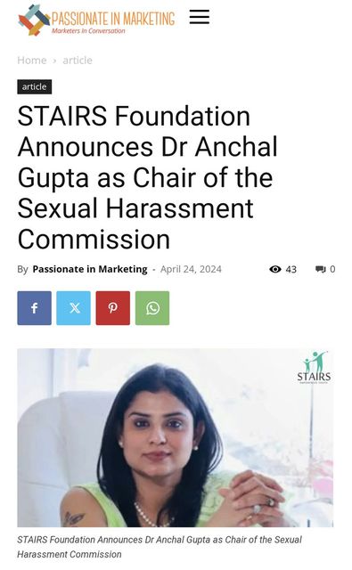 Business Standard coverage of Dr. Anchal Gupta: Named Chair of the STAIRS Foundation Sexual Harassment Commission, 2024