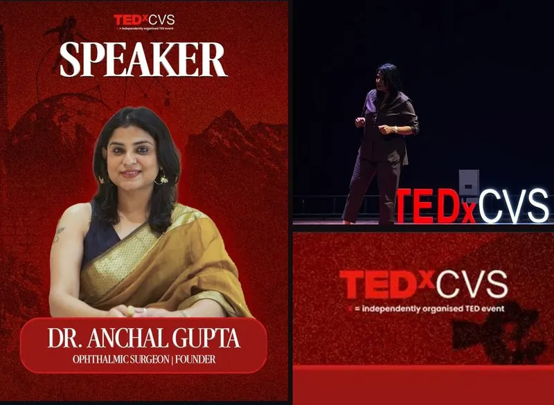 Dr. Anchal Gupta on the TEDxCVS stage, with the event speaker card